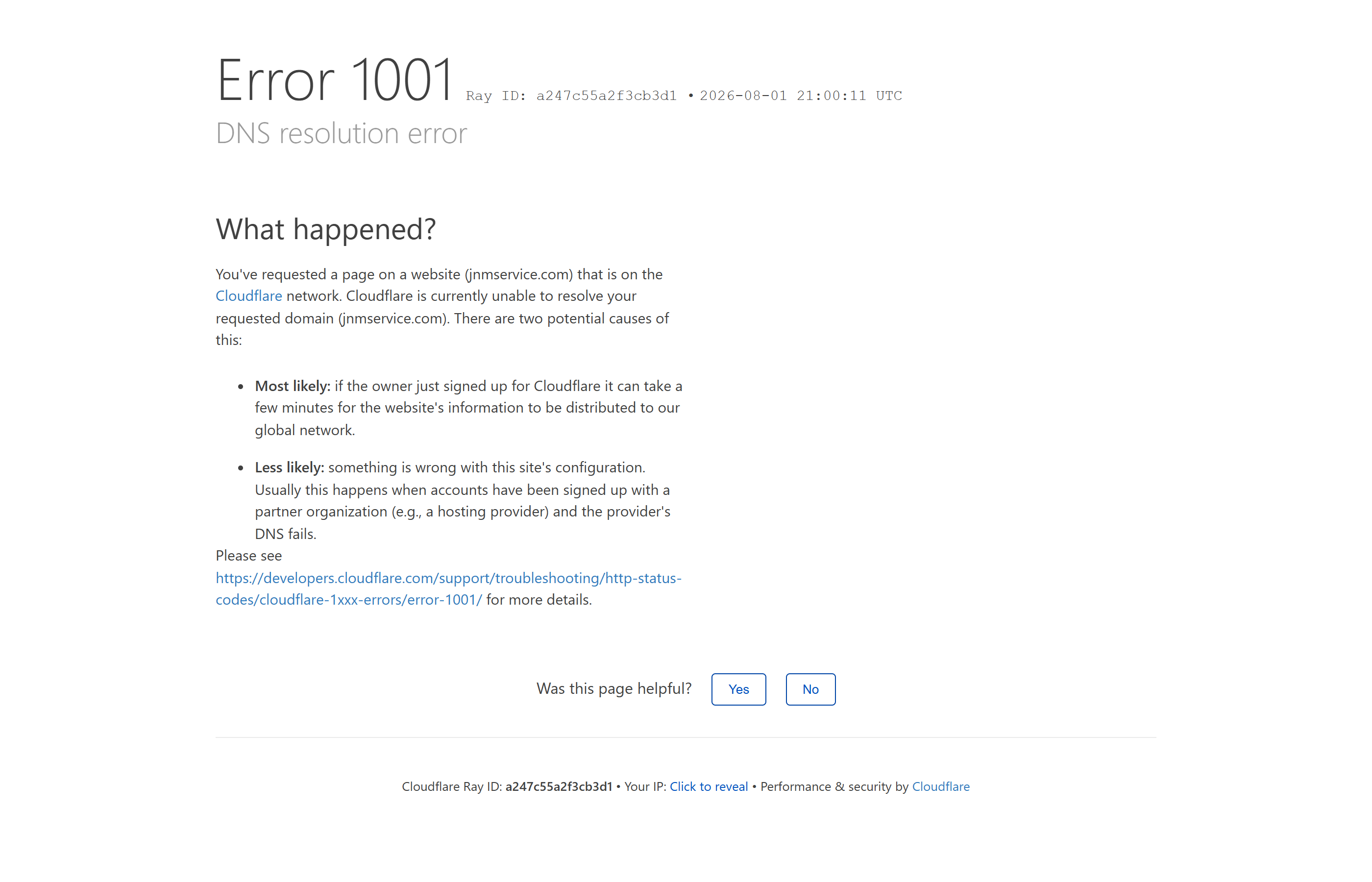 Cloudflare error 1001 for jnmservice.com