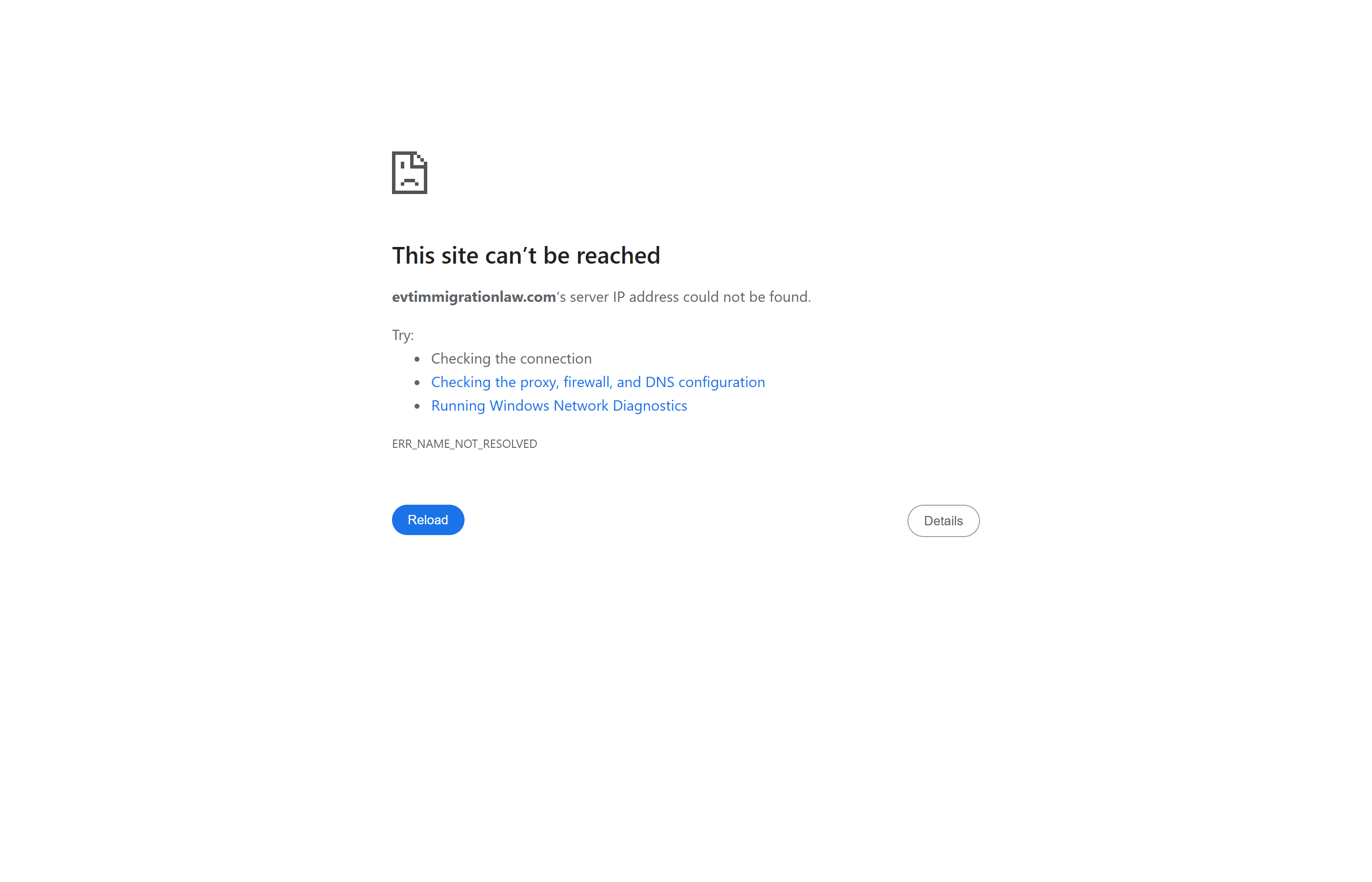 Browser error: evtimmigrationlaw.com server IP address could not be found